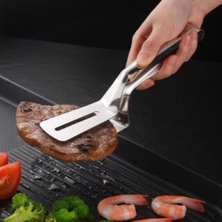 Stainless Steel Frying Shovel Cooking Tong, Food Spatula, Frying Strainer for Kitchen | SS Foo Serving Shovel Tong for BBQ, Bread, Pizza, Fish etc |