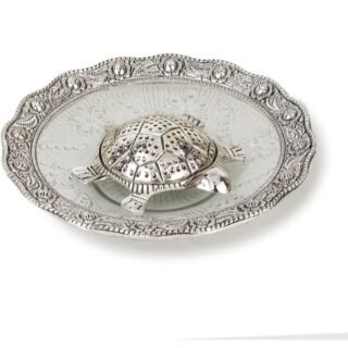 Crafts Metal Glass Silver Kachua Plated Feng Shui Tortoise Turtle Plate Yantra Vastu Feng Sui Pooja (6 Inches)