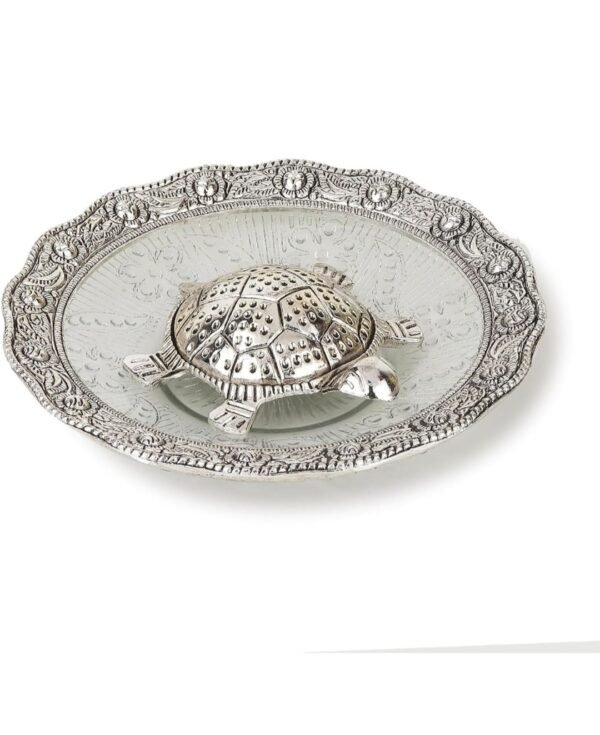 Crafts Metal Glass Silver Kachua Plated Feng Shui Tortoise Turtle Plate Yantra Vastu Feng Sui Pooja (6 Inches)