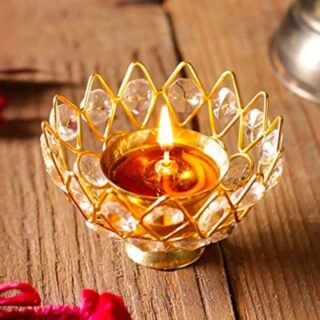 Lotus Shape Crystal Akhand Diya Jyothi Oil Deepam Brass for Puja Home Decor and Diwali