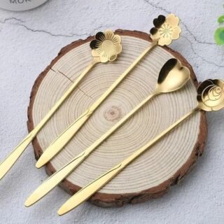 Golden Flower Design Long Handle Coffee & Dessert Spoons – (Set of 4)