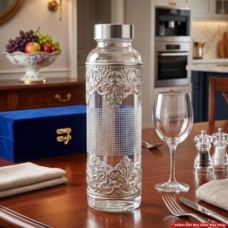 German Silver Finish Premium Glass Water Bottle Set Luxury Velvet Gift Box | Home & Office Serving Sets | For Corporate, Diwali Festival and Wedding Gifts