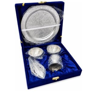 Silver Plated Pooja Thali Set with Bowls & Feather Spoon