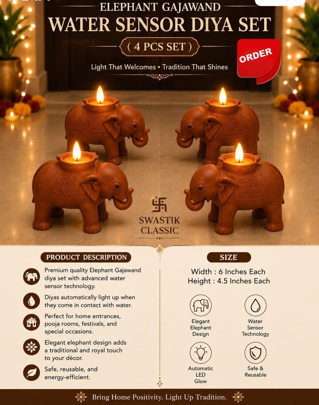 ELEPHANT WATER SENSOR DIYA 4 PC SET