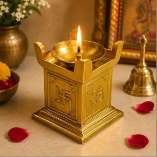 Brass Tulsi Diya with Engraved Om Swastik Symbols, Gold, 6x6x8 cm, Traditional Oil Lamp for Pooja
